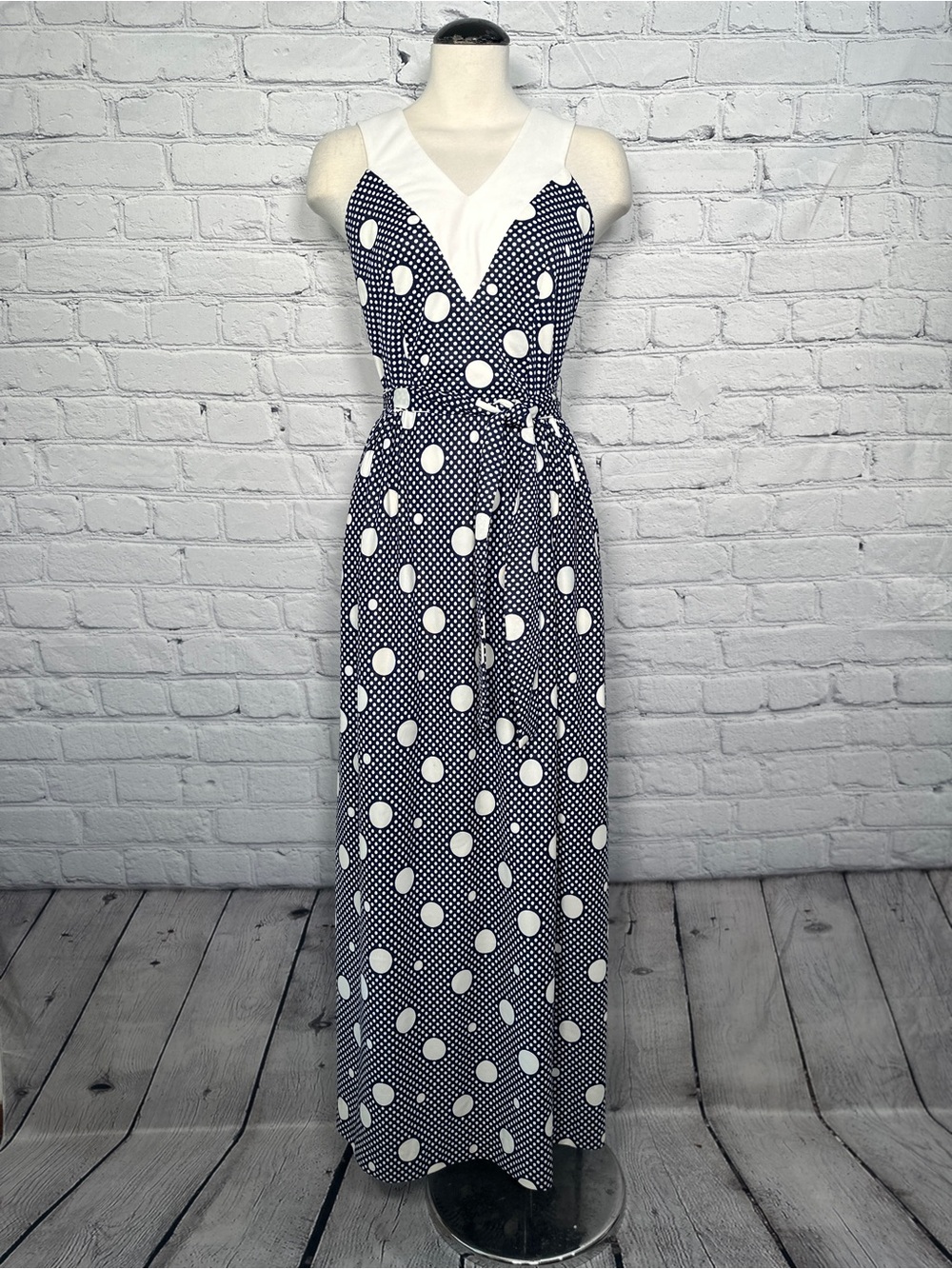 Vintage 70s Navy White Polka Dot Maxi Dress V-Neck Small
